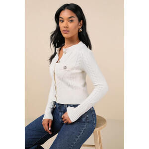 Lulus Luxe Composure Ivory Cable Knit Long Sleeve Cardigan Sweater White